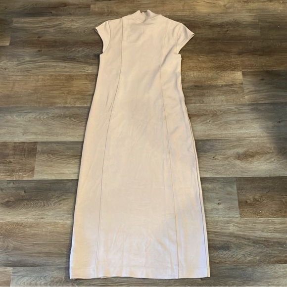 Varley Taunton Mock Neck Midi Dress Beige Sz S Cap Sleeve - Picture 5 of 7